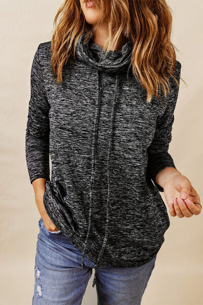 Heathered Drawstring Mock Neck Sweatshirt