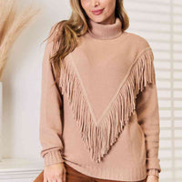 Woven Right Turtleneck Fringe Front Long Sleeve Sweater