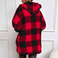 Double Take Full Size Plaid Long Sleeve Hooded Coat