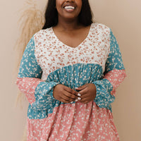 ODDI Full Size Contrast Floral Babydoll Blouse