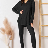 Basic Bae Full Size Notched Long Sleeve Top and Pants Set