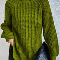 Full Size Turtleneck Rib-Knit Slit Sweater