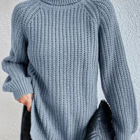 Full Size Turtleneck Rib-Knit Slit Sweater