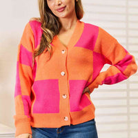 Woven Right Checkered V-Neck Dropped Shoulder Cardigan