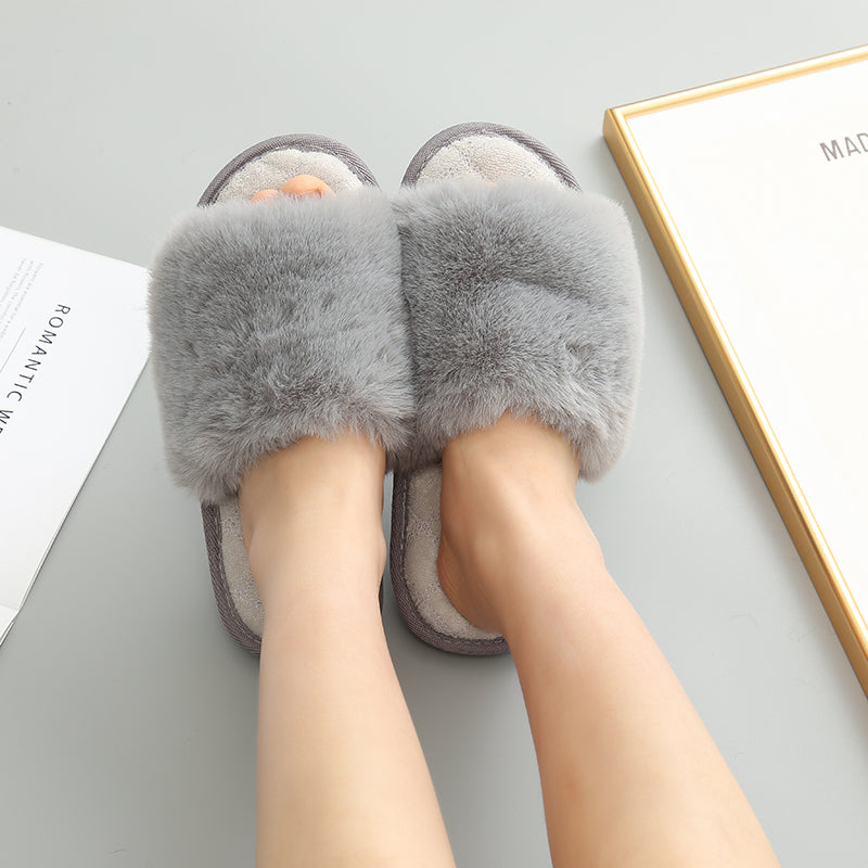 Faux Fur Open Toe Slippers