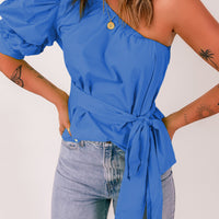 Tied Puff Sleeve One-Shoulder Top