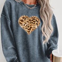 Heart Leopard Sequin Round Neck Sweatshirt