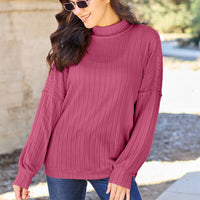 Basic Bae Full Size Ribbed Exposed Seam Mock Neck Knit Top