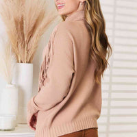 Woven Right Turtleneck Fringe Front Long Sleeve Sweater