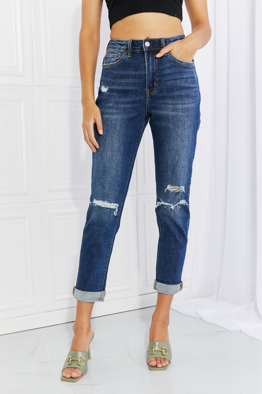 VERVET Full Size Distressed Cropped Jeans with Pockets