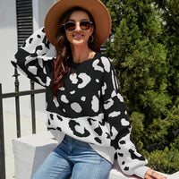 Leopard Ribbed Trim Dropped Shoulder Sweater