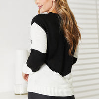 Double Take Two-Tone Openwork Rib-Knit Sweater