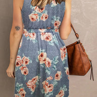 Printed Scoop Neck Sleeveless Buttoned Magic Dress