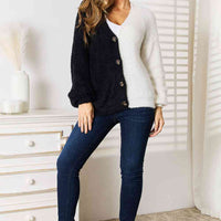 Woven Right Contrast Button-Front V-Neck Cardigan