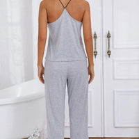 Halter Neck Cami and Lace Trim Pajama Set