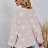 Heart Print Fuzzy Crewneck Long Sleeve Sweater