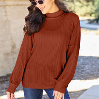 Basic Bae Full Size Ribbed Exposed Seam Mock Neck Knit Top