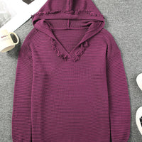 Woven Right Horizontal Ribbing Fringe Trim Hooded Sweater