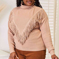 Woven Right Turtleneck Fringe Front Long Sleeve Sweater