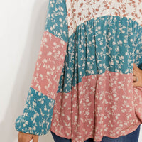 ODDI Full Size Contrast Floral Babydoll Blouse