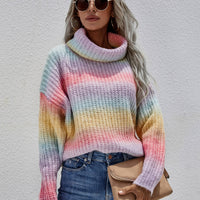 Rainbow Rib-Knit Turtleneck Drop Shoulder Sweater