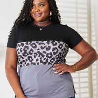 Double Take Leopard Print Color Block Short Sleeve T-Shirt