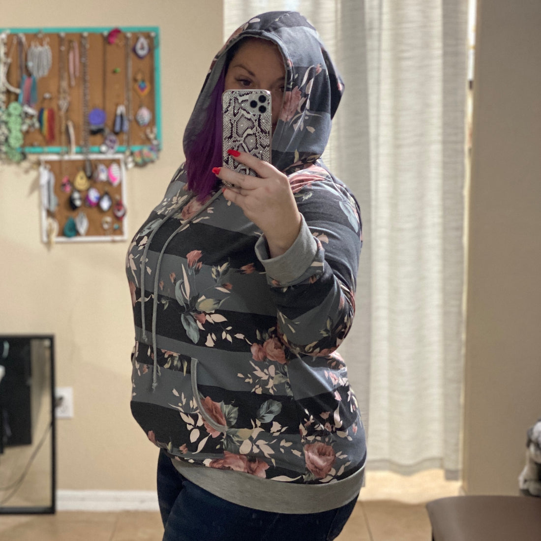 Black/gray striped floral hoodie