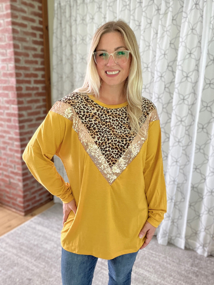 The Leopard Glitz Top in Mustard