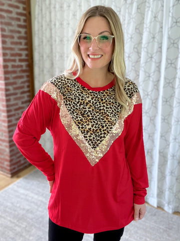 The Leopard Glitz Top in Red