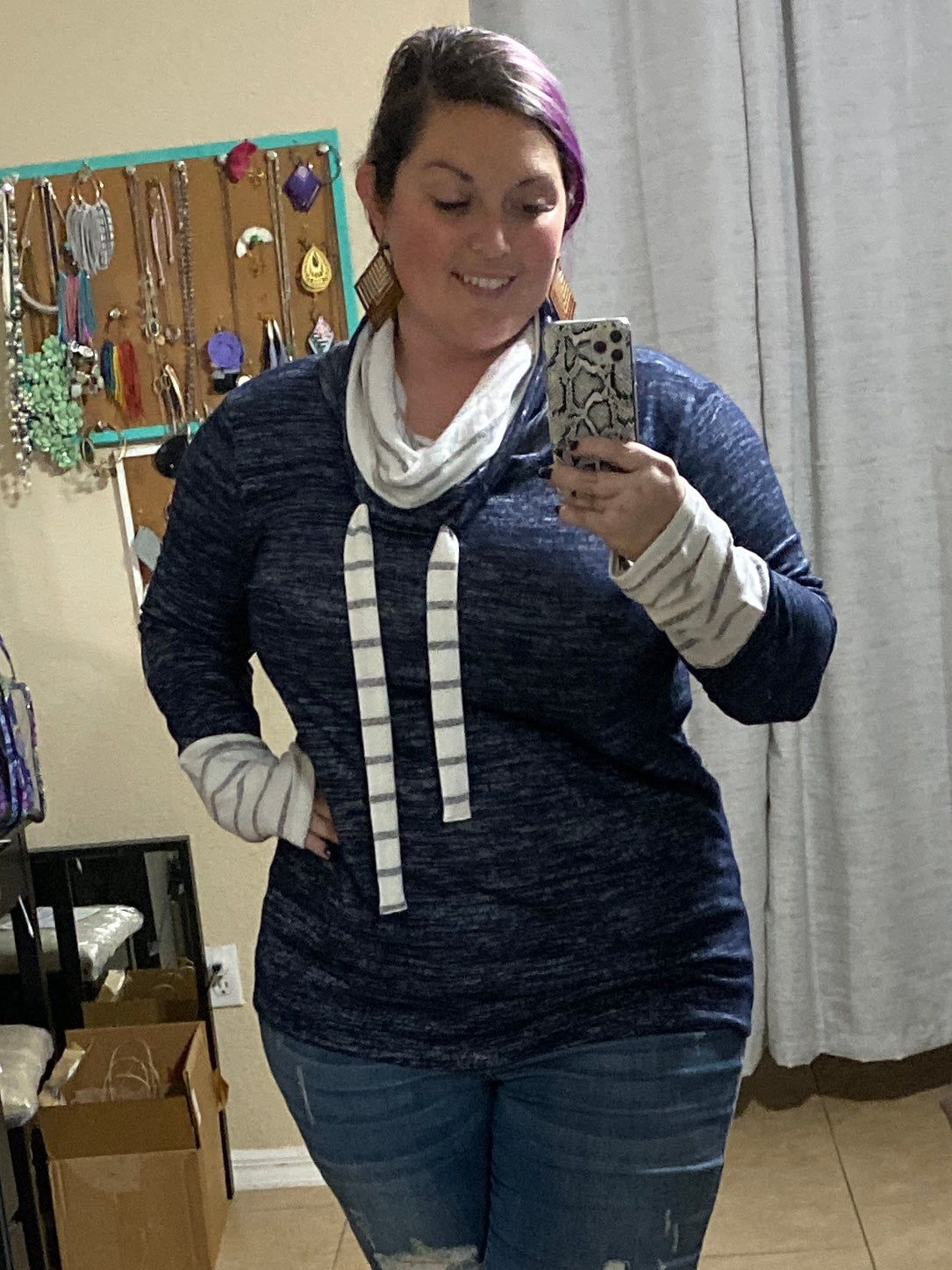 Blue Two toned cowl neck