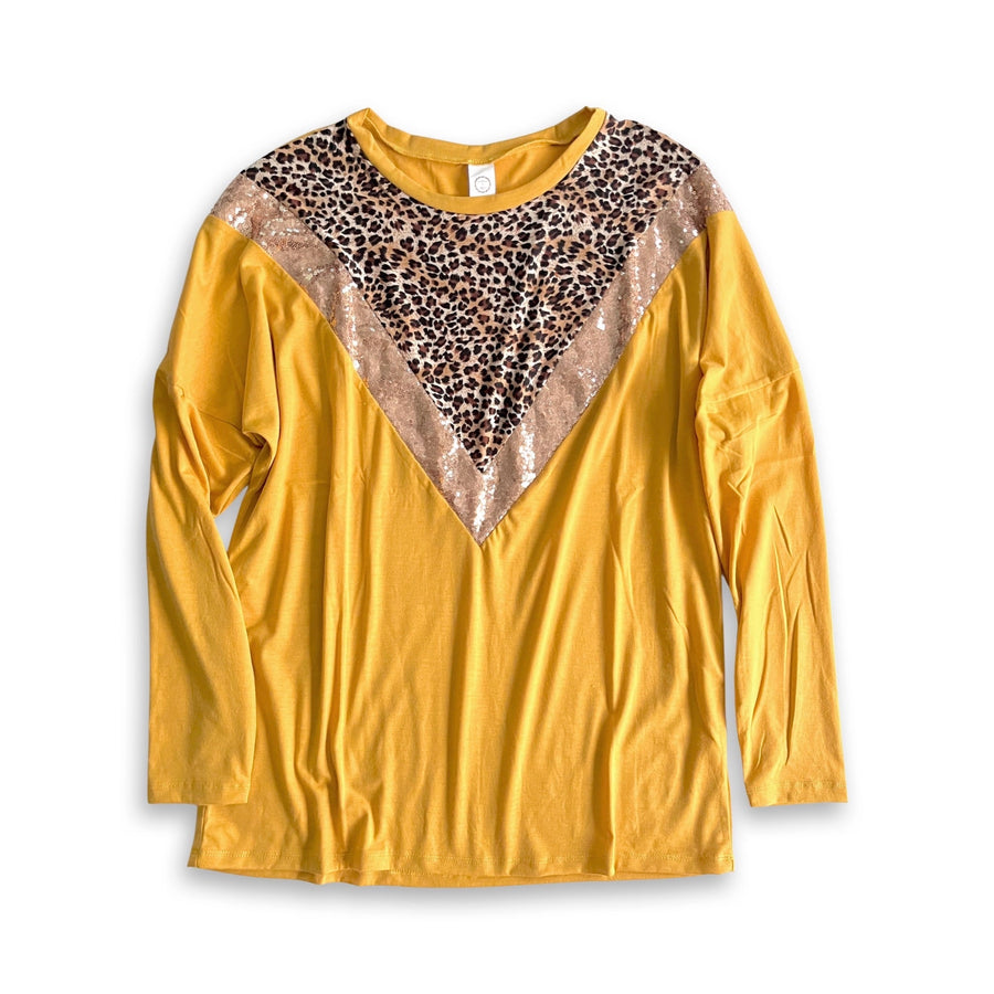 The Leopard Glitz Top in Mustard