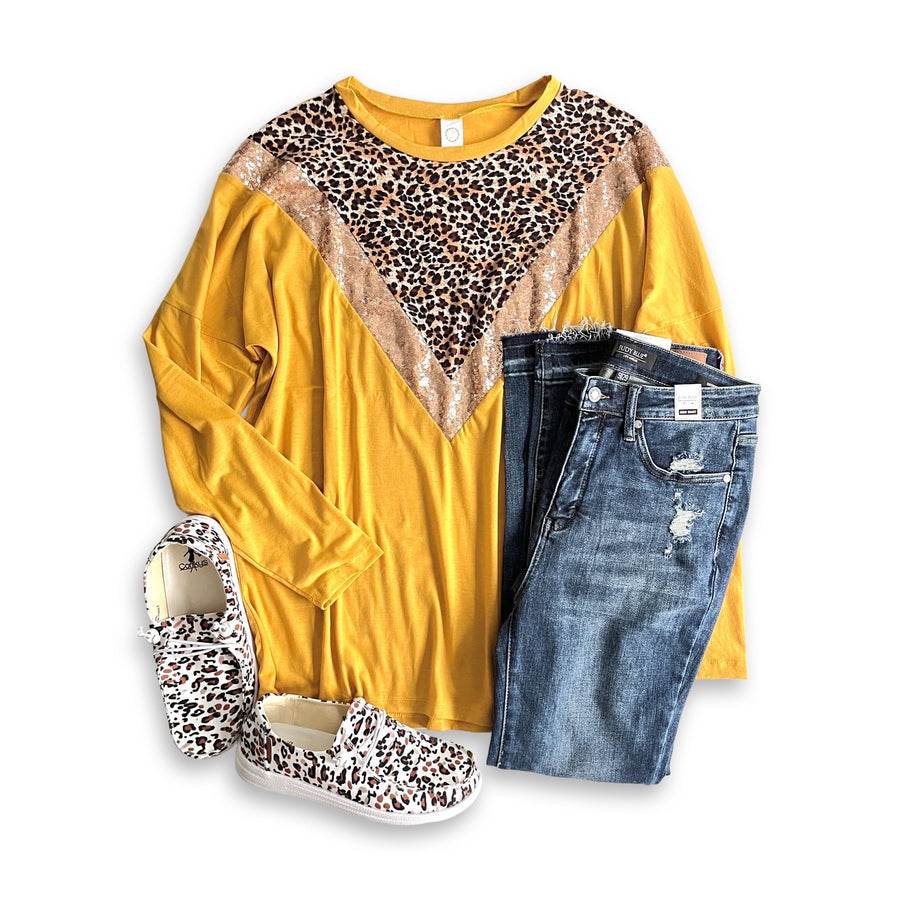 The Leopard Glitz Top in Mustard