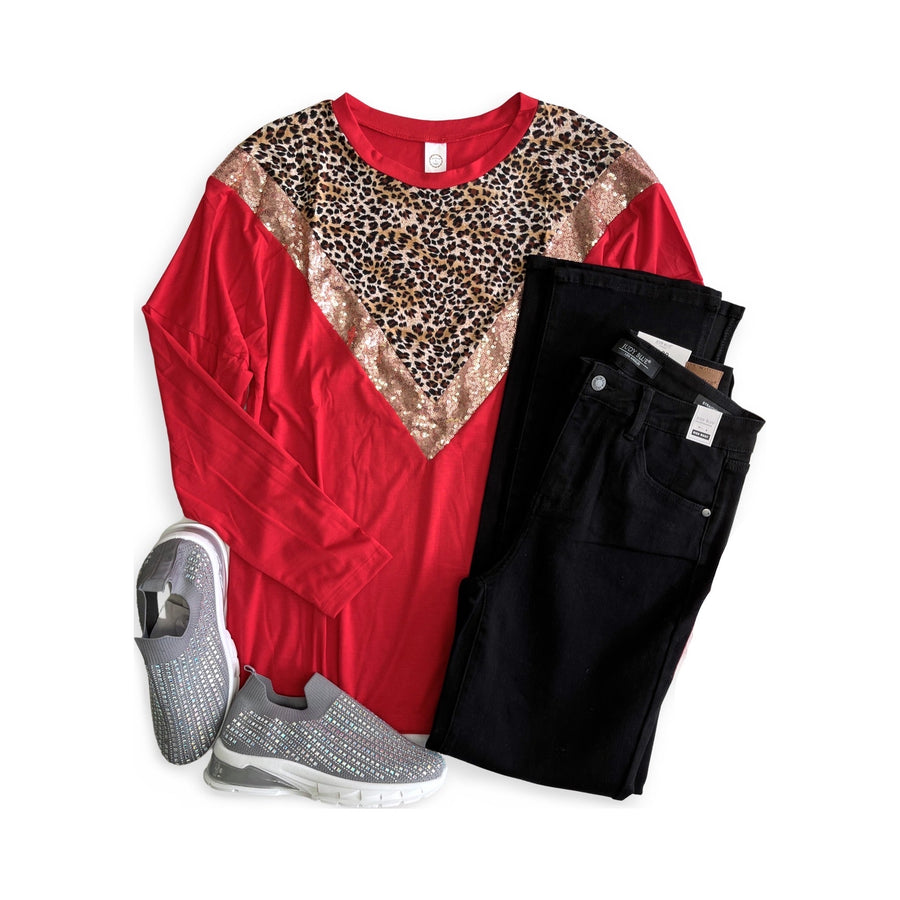 The Leopard Glitz Top in Red