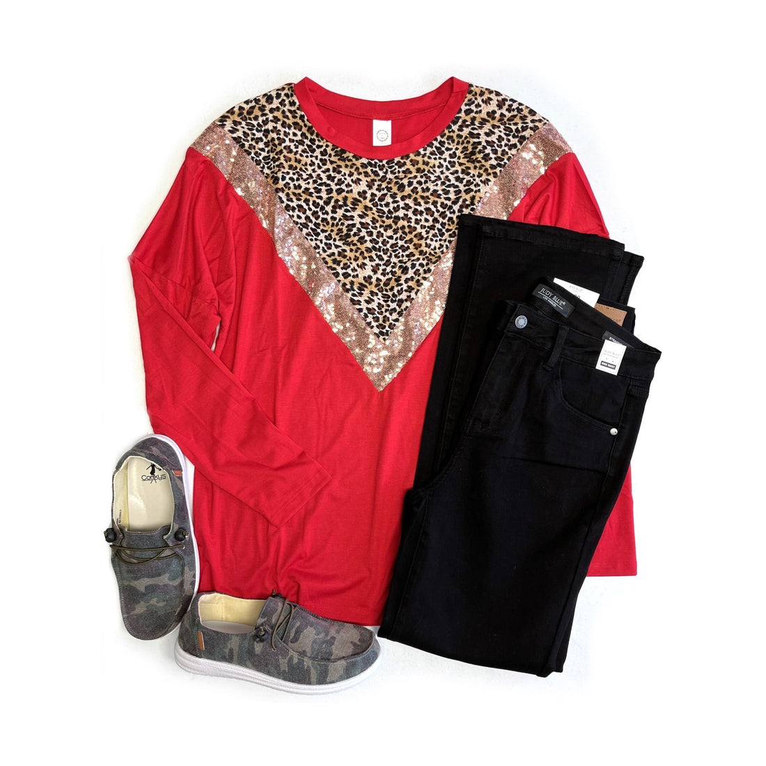 The Leopard Glitz Top in Red