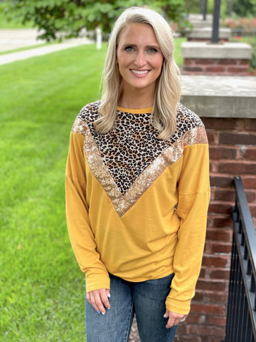 The Leopard Glitz Top in Mustard