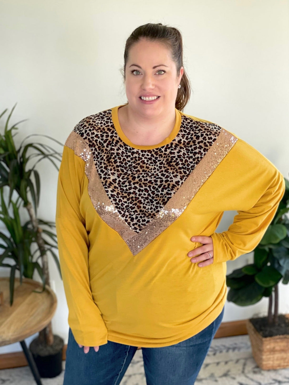 The Leopard Glitz Top in Mustard