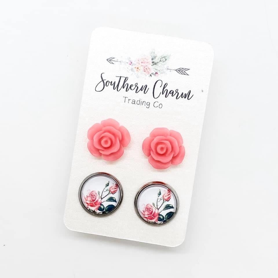 Hot pink roses duo earrings