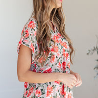 Lizzy Cap Sleeve Top in Coral and Beige Floral