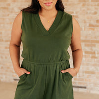 Sleeveless V-Neck Romper in Army Green