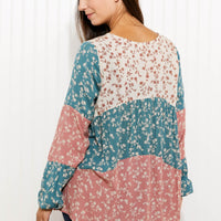 ODDI Full Size Contrast Floral Babydoll Blouse