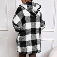 Double Take Full Size Plaid Long Sleeve Hooded Coat