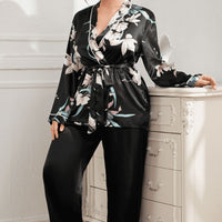 Plus Size Floral Belted Robe and Pants Pajama Set