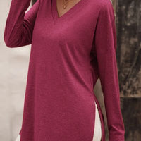 V-Neck Slit Long Sleeve T-Shirt