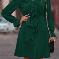 Ruffled Flounce Sleeve V-Neck Belted Dress