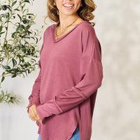 Culture Code Full Size V-Neck Exposed Seam Long Sleeve Blouse