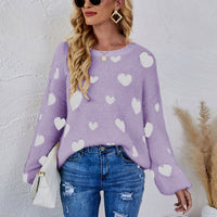 Heart Print Fuzzy Crewneck Long Sleeve Sweater