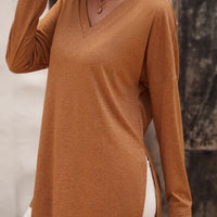 V-Neck Slit Long Sleeve T-Shirt