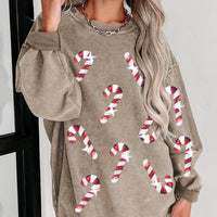 Sequin Candy Cane Round Neck Sweatshirt