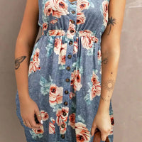 Printed Scoop Neck Sleeveless Buttoned Magic Dress