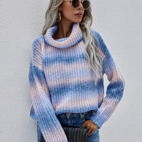 Rainbow Rib-Knit Turtleneck Drop Shoulder Sweater